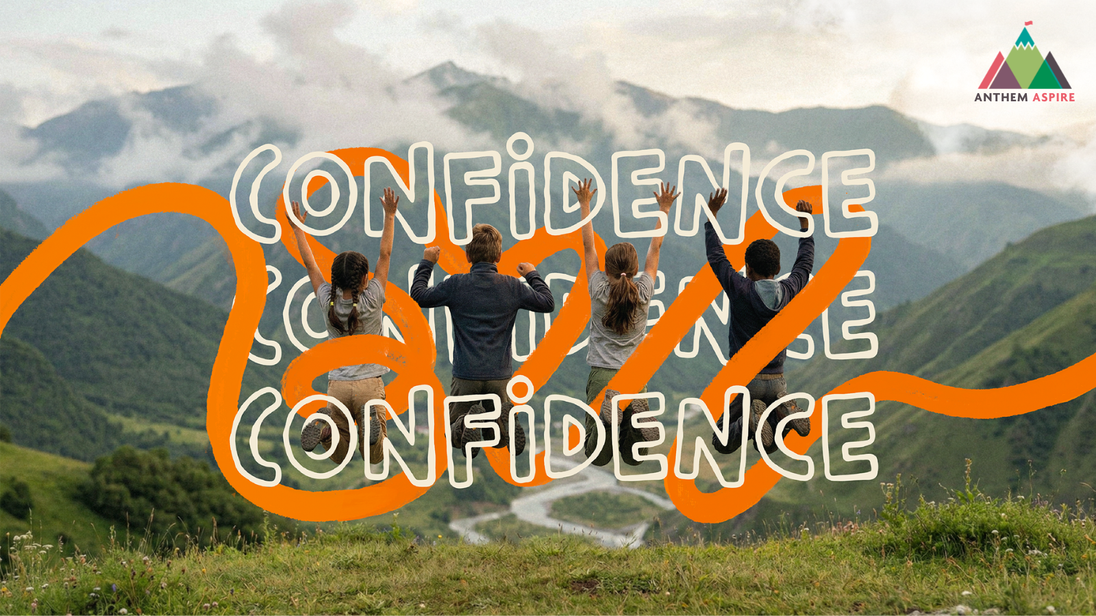 A group of young people jumping in the air in a  mountainous landscape